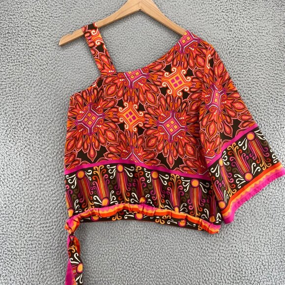 Chicos Top Womens 1 US Medium Orange Pink Zanzibar One Shoulder Side Tie Blouse* - Picture 3 of 10